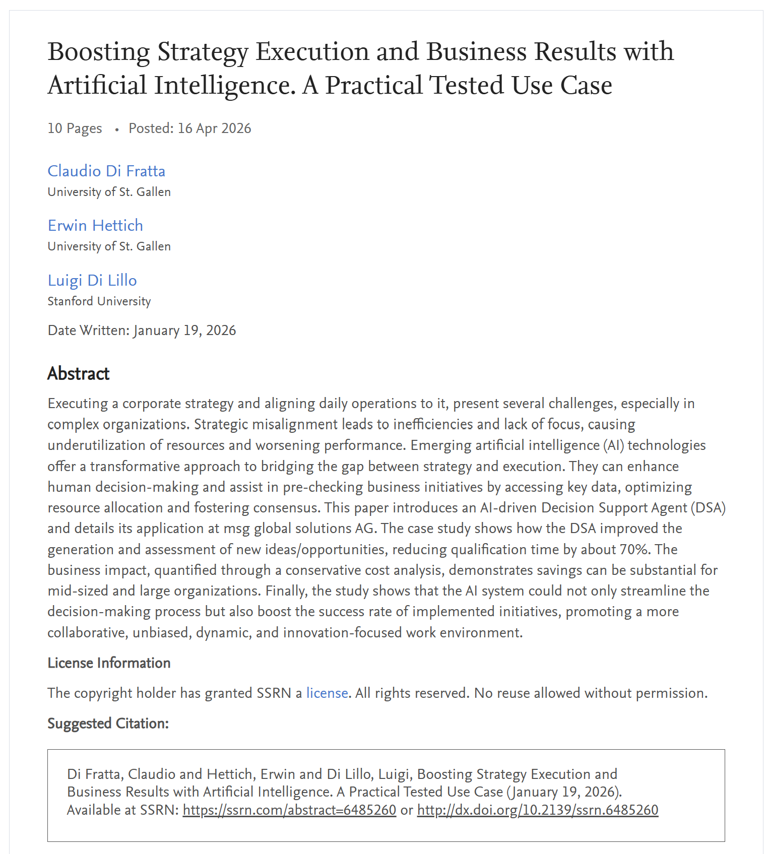 SSRN-Publikation: Boosting Strategy Execution and Business Results with Artificial Intelligence – Titel, Autoren und Abstract