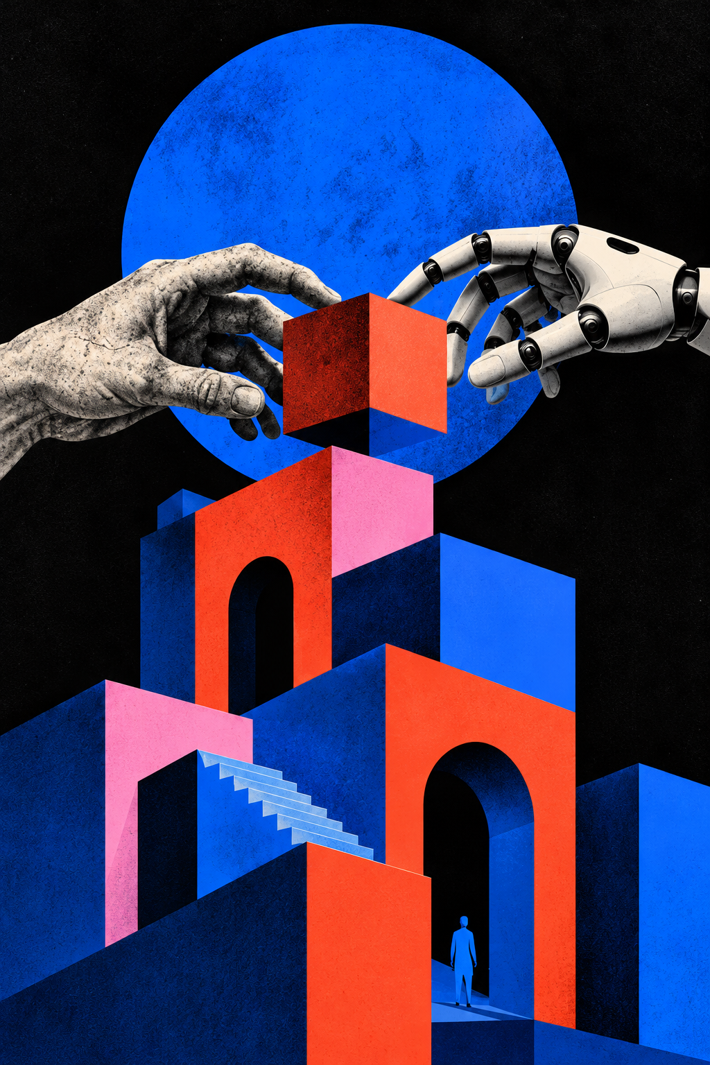 Editorial-Illustration: Eine menschliche und eine robotische Hand bauen gemeinsam eine Architektur aus kobaltblauen, korallroten und pinken Formen.